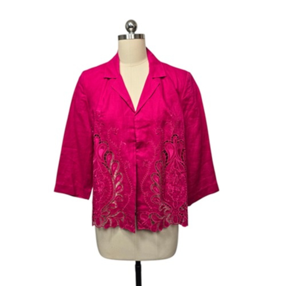 Chico's Jacket Womens 1 Medium Raspberry Pink‎ Novelty Cutwork Linen Embroidered